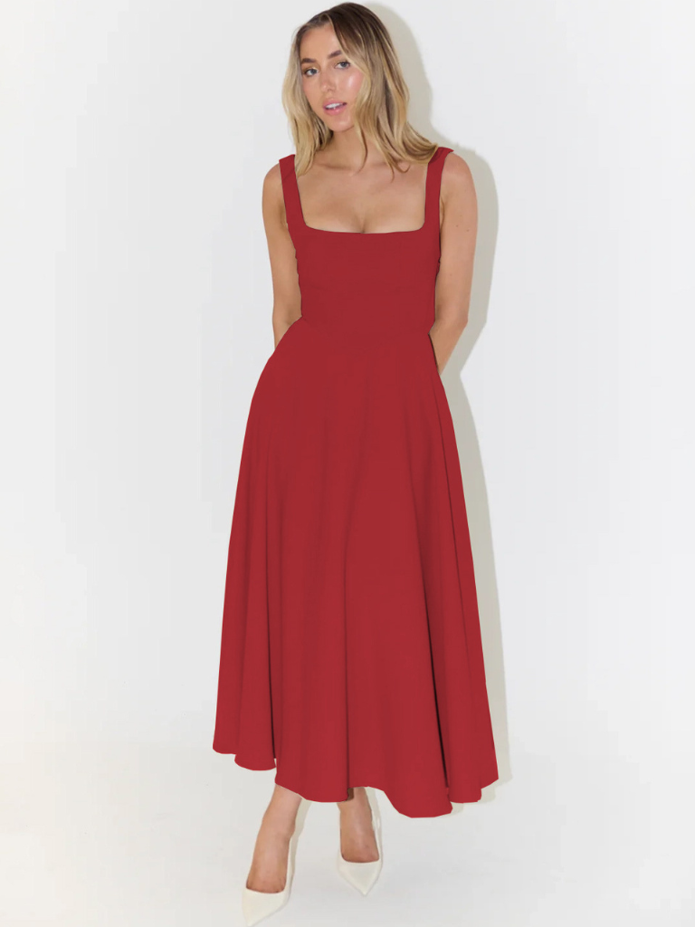 Amara | Vestido Midi con Escote Cuadrado y Falda de Línea A