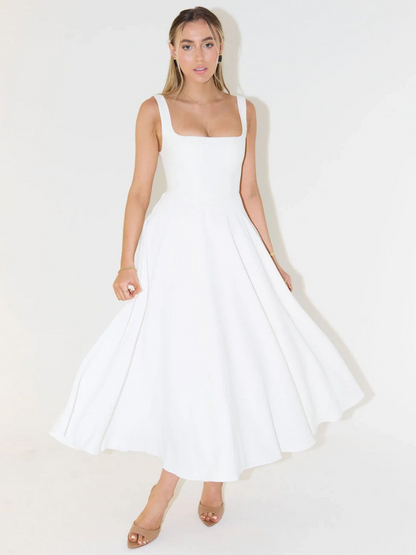 Amara | Vestido Midi con Escote Cuadrado y Falda de Línea A