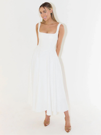 Amara | Vestido Midi con Escote Cuadrado y Falda de Línea A