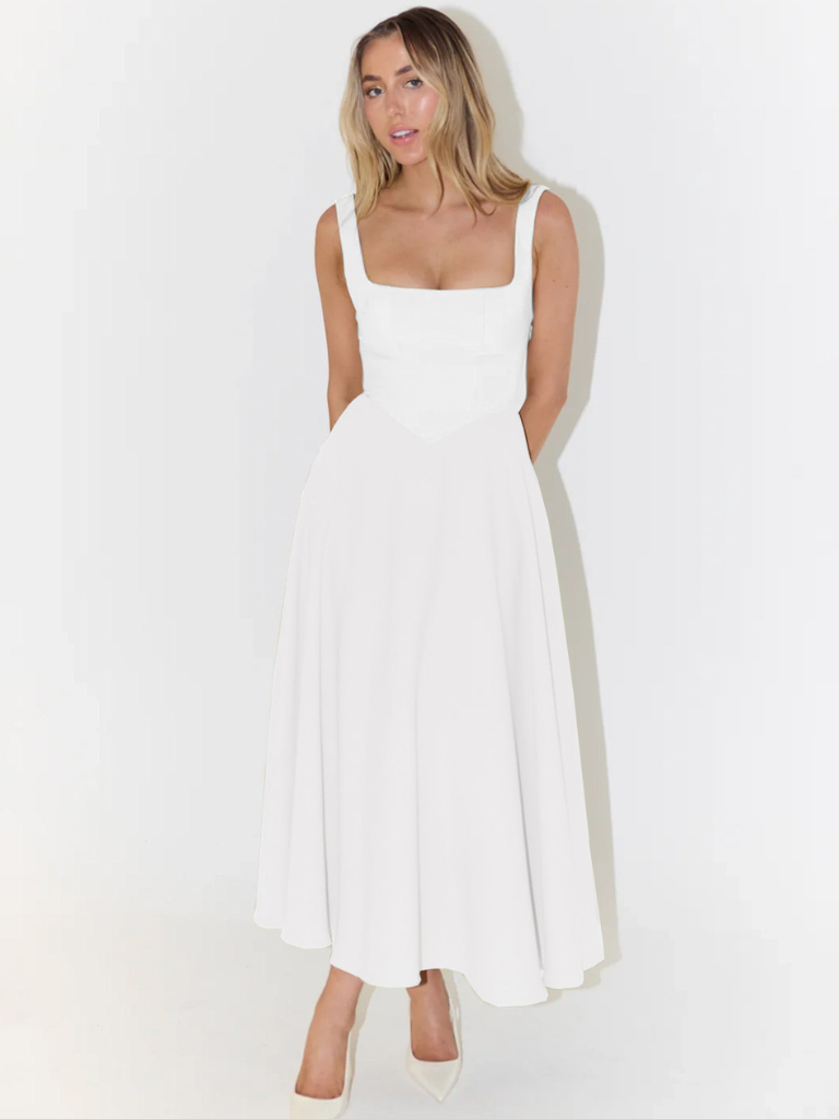 Amara | Vestido Midi con Escote Cuadrado y Falda de Línea A