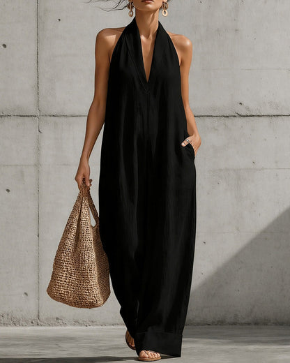 Candela | Halter Wide-Leg Overalls with Pockets