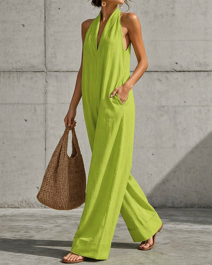 Candela | Halter Wide-Leg Overalls with Pockets