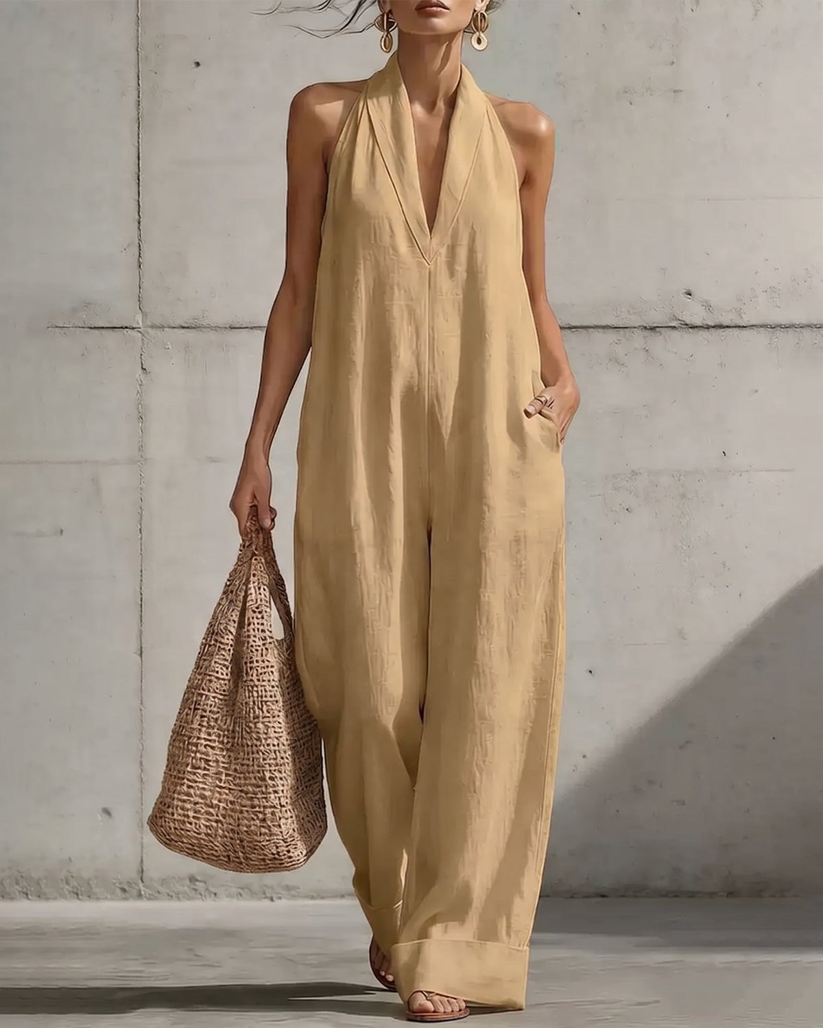 Candela | Halter Wide-Leg Overalls with Pockets