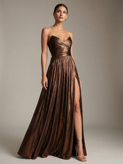 Celeste | Vestido Largo Metalizado Plisado
