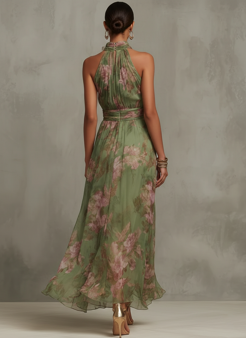 Amila | Floral Chiffon Halter Maxi Dress