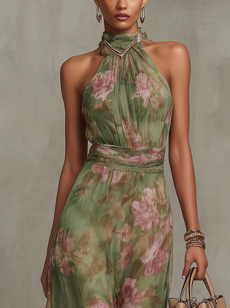 Amila | Floral Chiffon Halter Maxi Dress