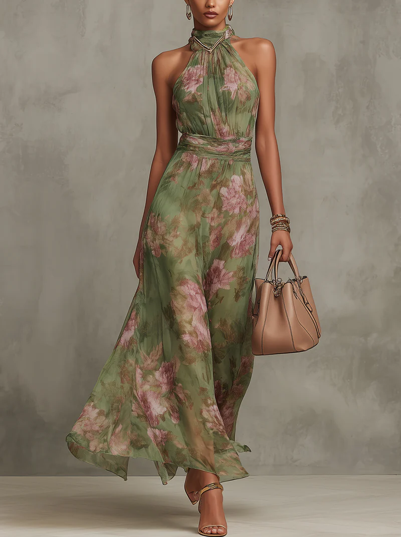 Amila | Floral Chiffon Halter Maxi Dress