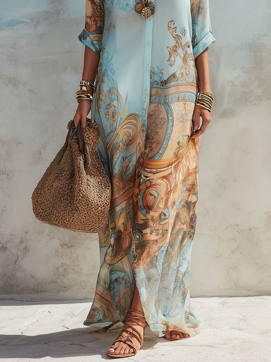 Cléo | Silk Kaftan Maxi Dress with Scarf Print
