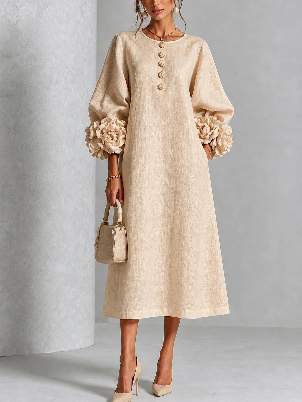 Rose | Floral Button-down Midi Dress With Striking Floral Cuffs