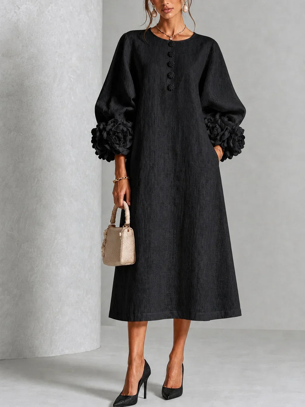 Rose | Floral Button-down Midi Dress With Striking Floral Cuffs
