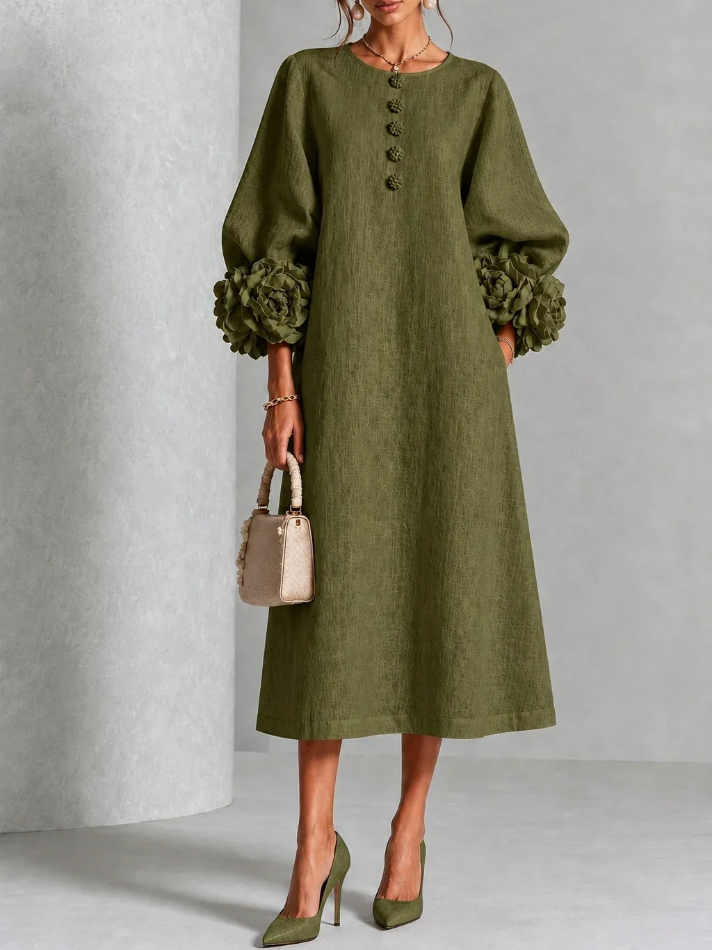 Rose | Floral Button-down Midi Dress With Striking Floral Cuffs