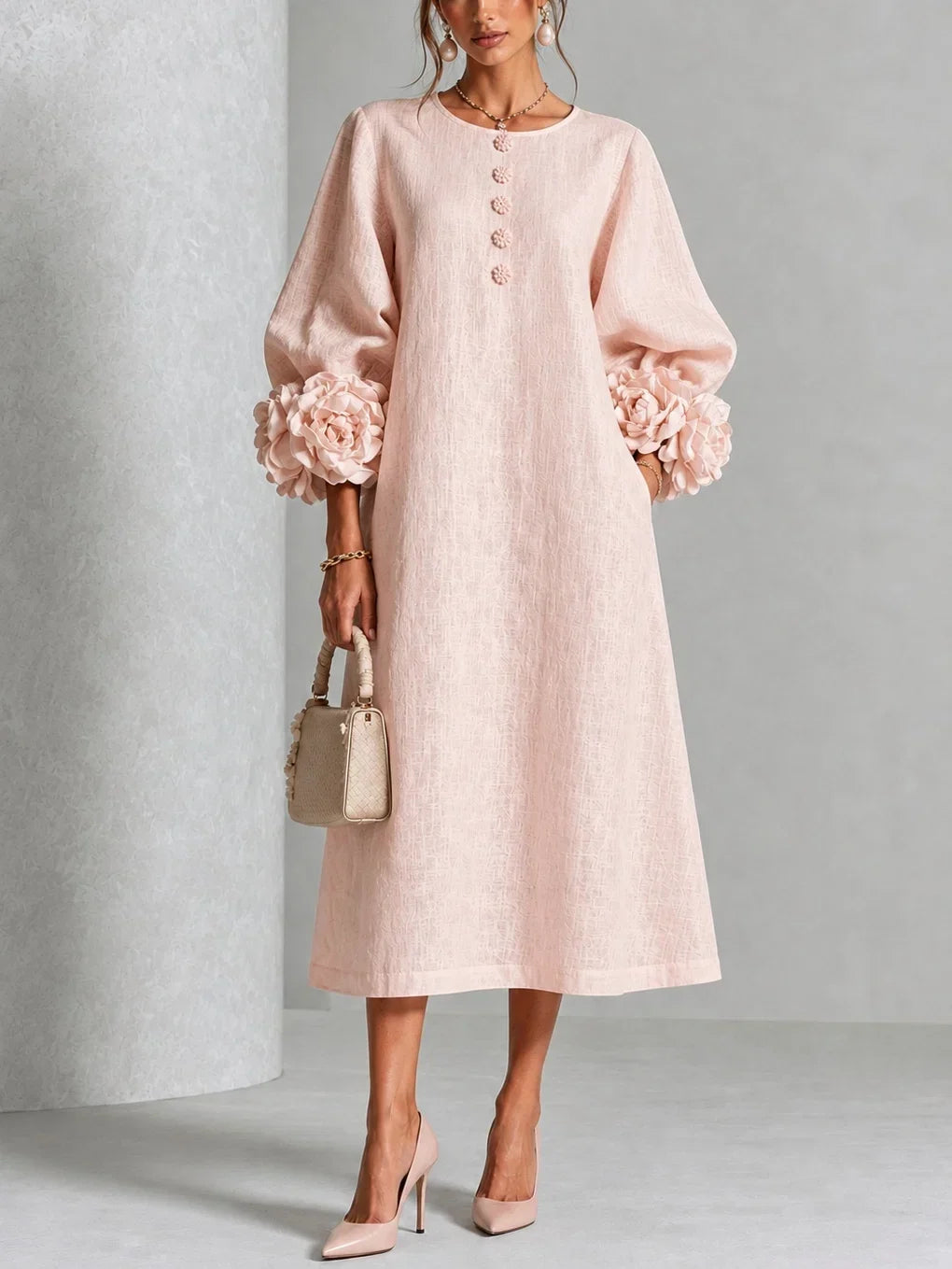 Rose | Floral Button-down Midi Dress With Striking Floral Cuffs