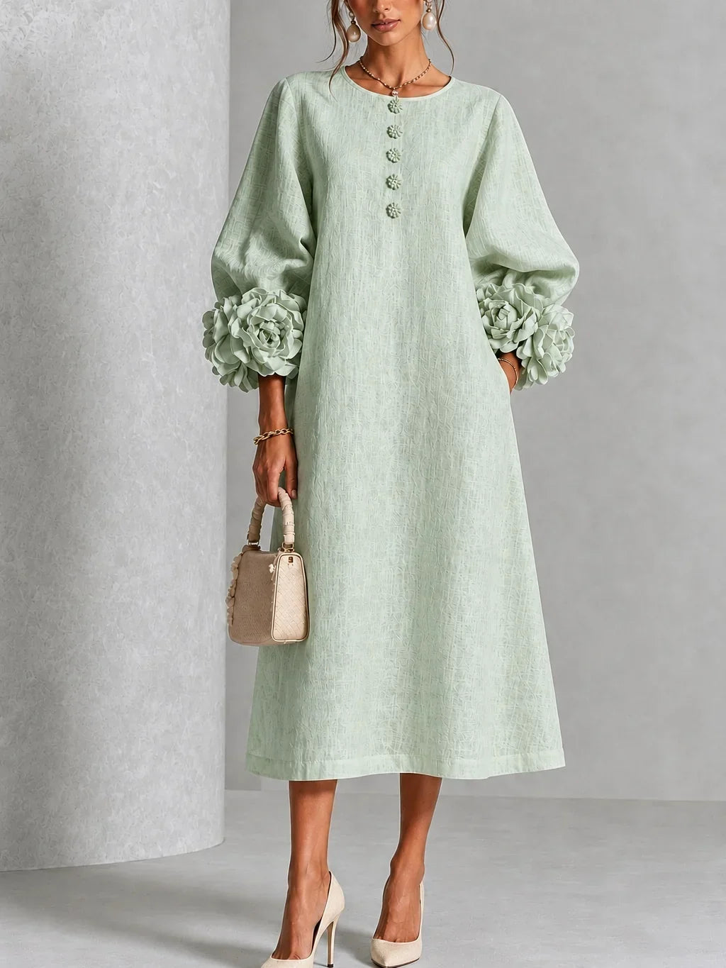Rose | Floral Button-down Midi Dress With Striking Floral Cuffs