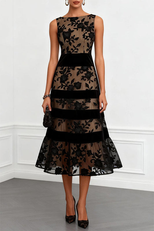Rosmie Flower Mesh Lace Colorblock Boat Neck Sleeveless A-Line Midi Dress