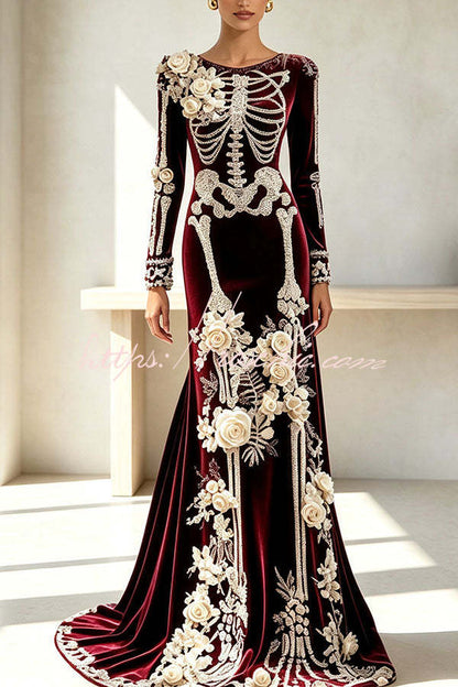 Luxury skull embroidered velvet dress