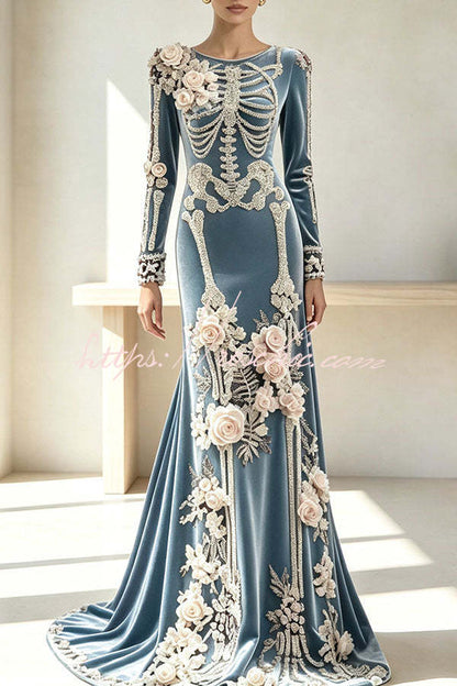Luxury skull embroidered velvet dress