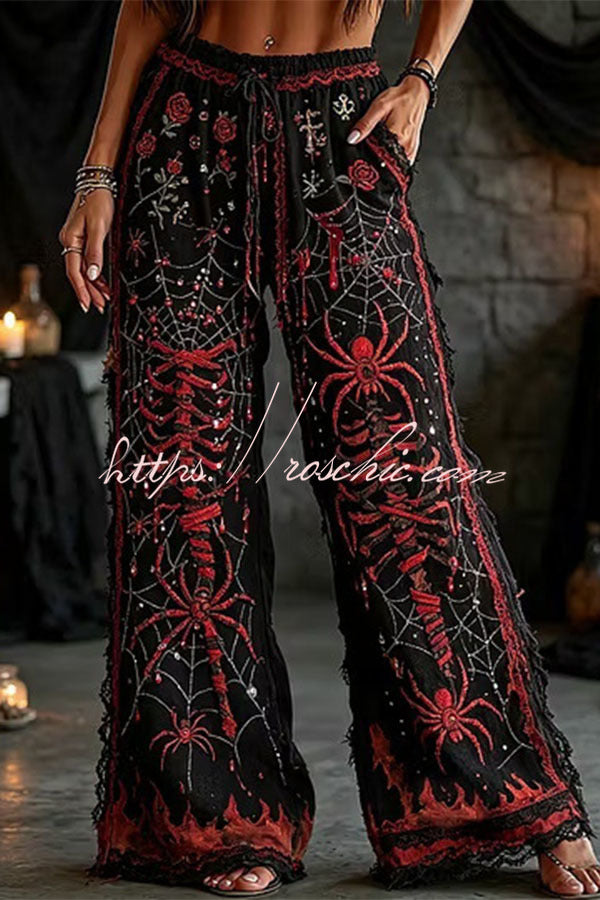 Halloween Dark-themed Printed Wide-Leg Pants
