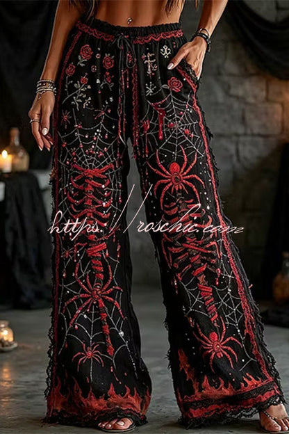 Halloween Dark-themed Printed Wide-Leg Pants