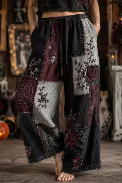 Halloween Dark-themed Printed Wide-Leg Pants