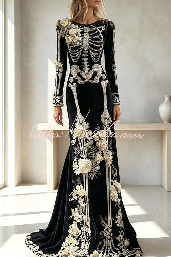 Luxury skull embroidered velvet dress