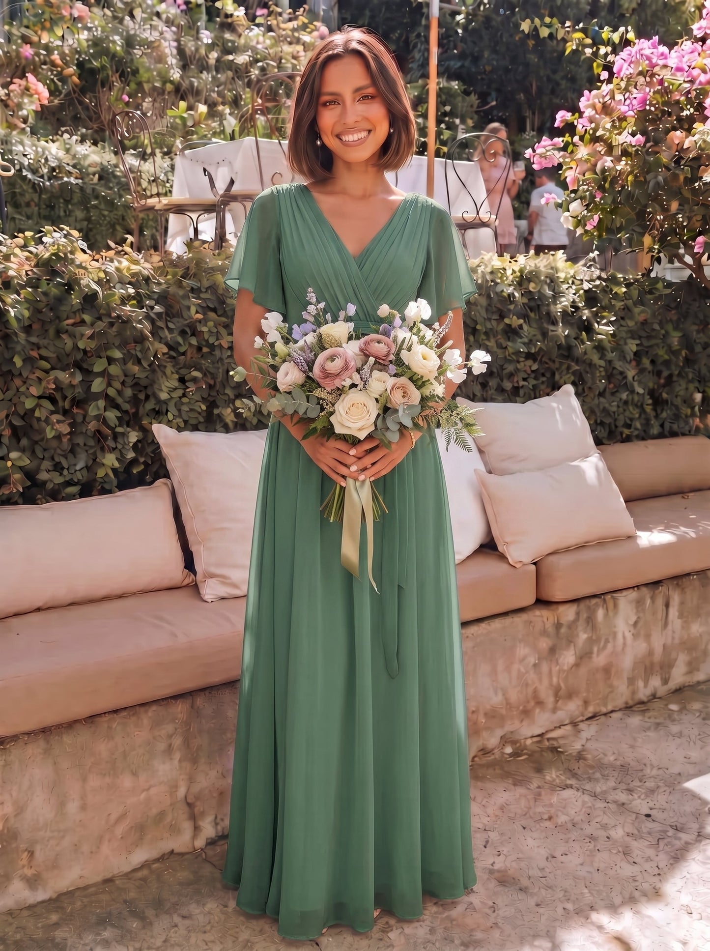 Rosalía | Vestido Largo de Gasa Plisada con Manga Flotante