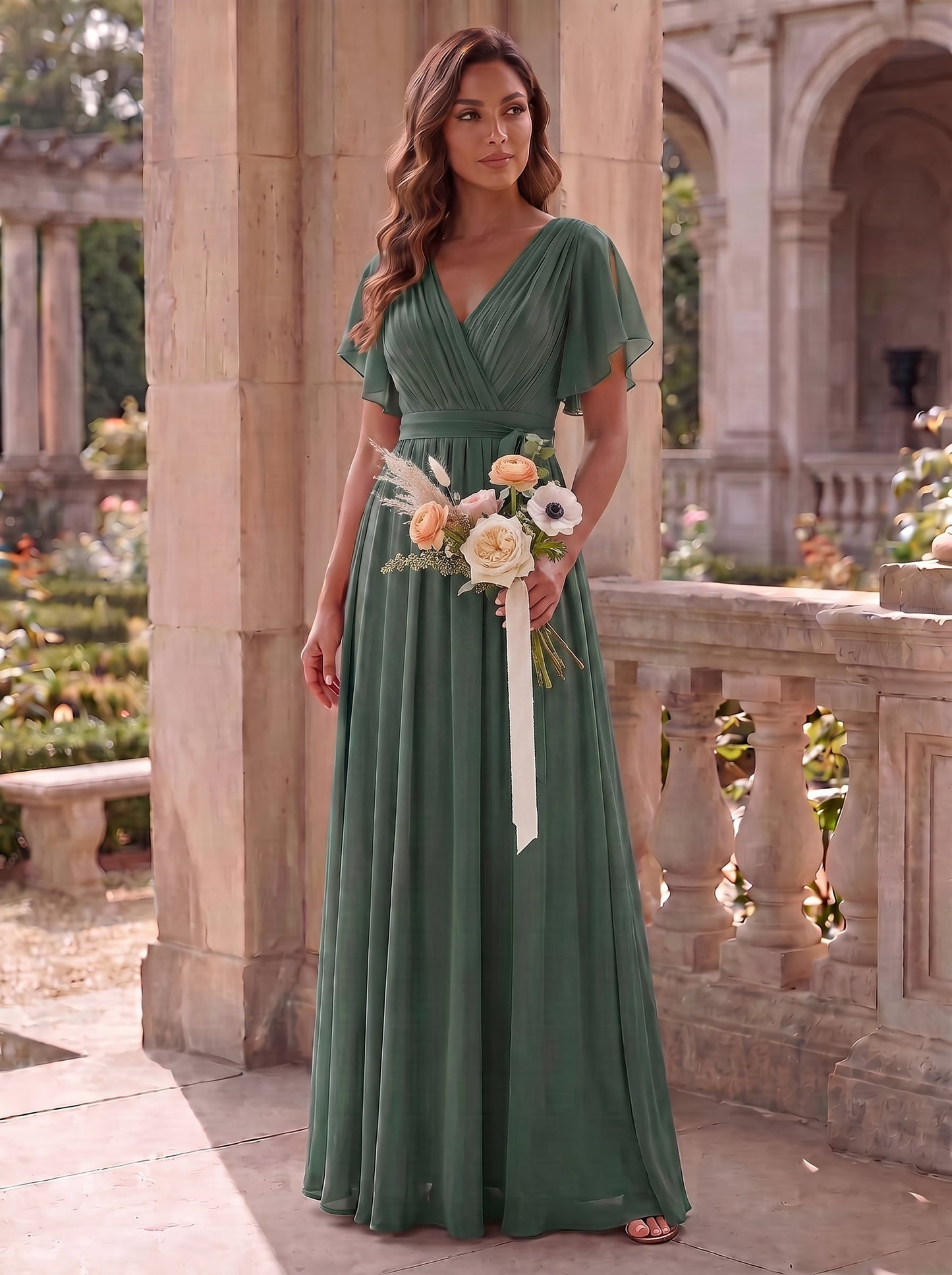 Rosalía | Vestido Largo de Gasa Plisada con Manga Flotante