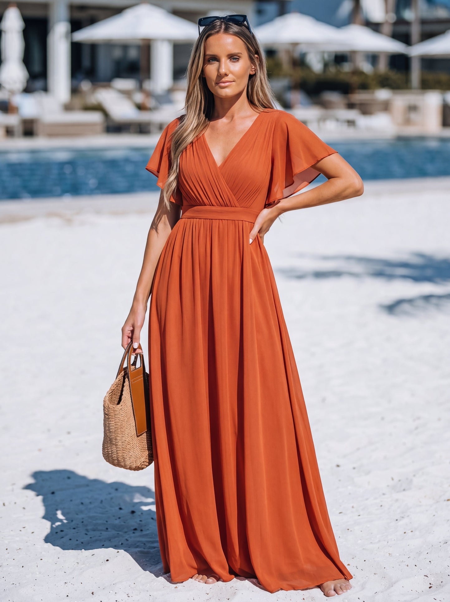 Rosalía | Vestido Largo de Gasa Plisada con Manga Flotante