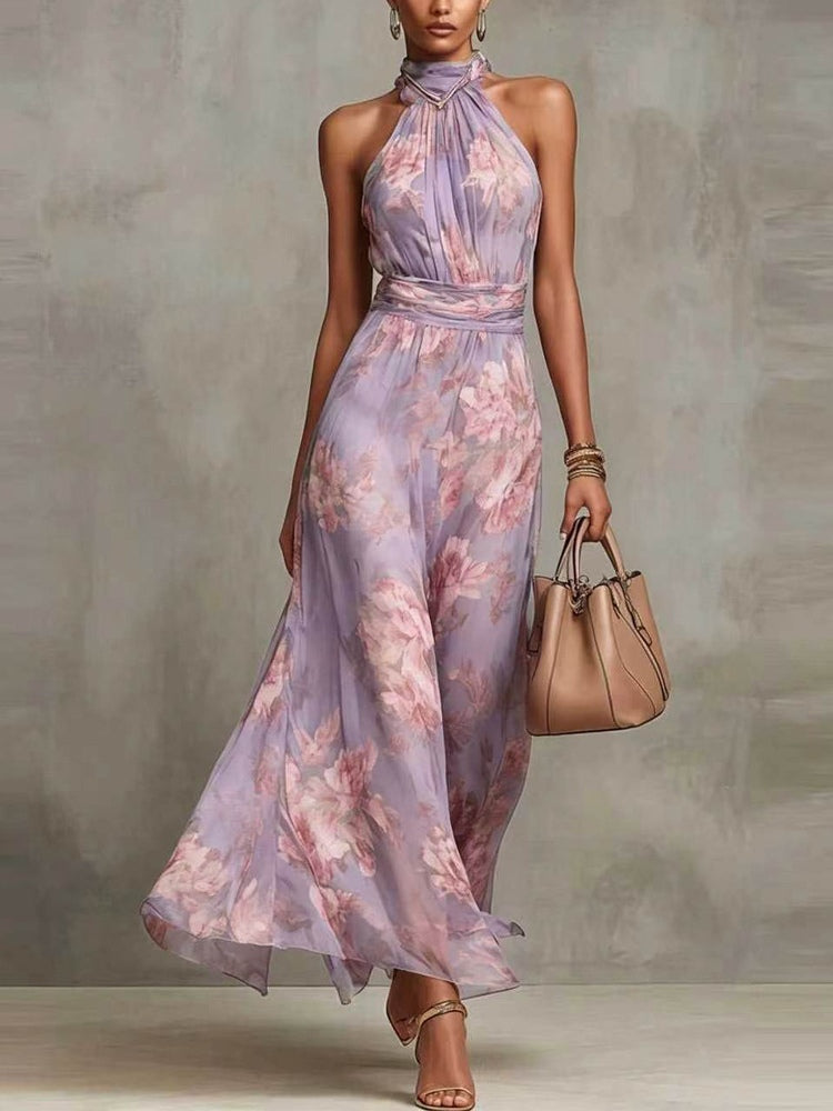 Amila | Floral Chiffon Halter Maxi Dress