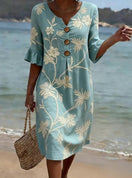 Cayetana | Sage Linen Dress with Botanical Motifs