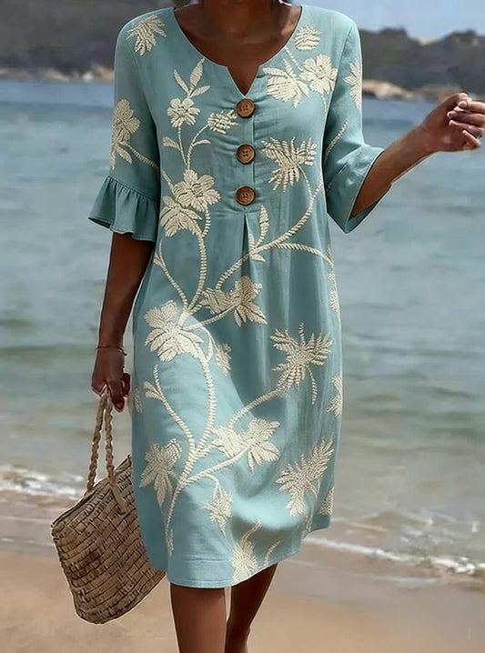 Cayetana | Sage Linen Dress with Botanical Motifs