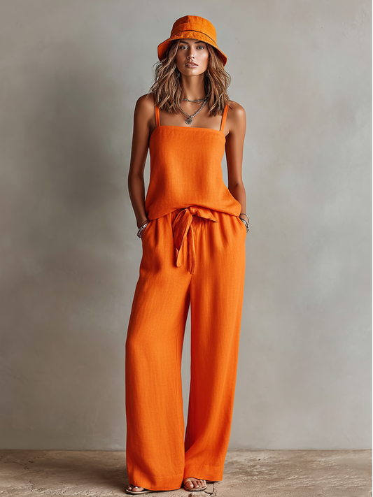 Sofía | Conjunto de Lino con Escote Cuadrado y Pantalón de Pernera Ancha