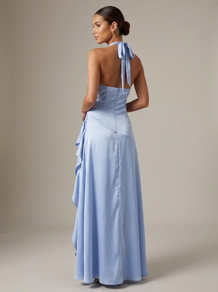 Lorena | Vestido Largo Plisado con Volante Lateral en Azul