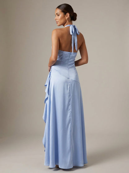 Lorena | Vestido Largo Plisado con Volante Lateral en Azul