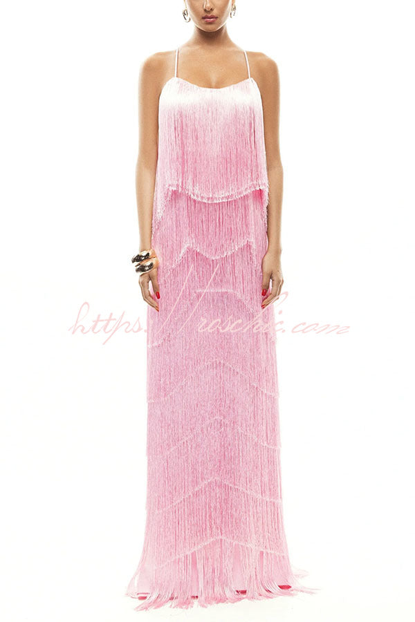Dynamic Beauty Layered Tassel Design Back Tie-up Maxi Dress