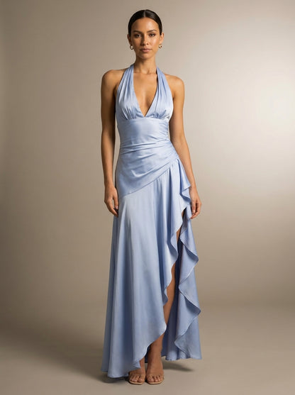 Lorena | Vestido Largo Plisado con Volante Lateral en Azul
