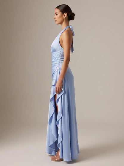 Lorena | Vestido Largo Plisado con Volante Lateral en Azul