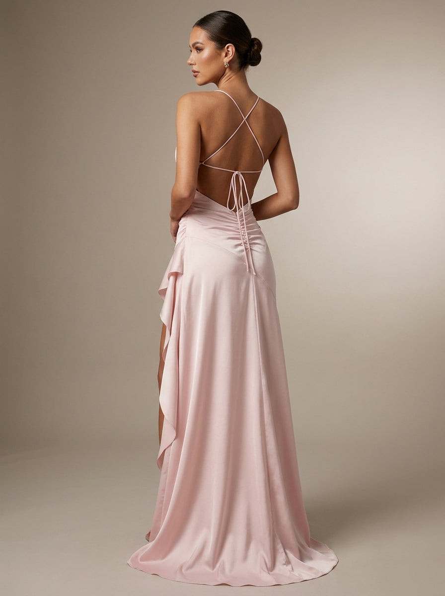 Zaira | Vestido Largo de Satén con Volantes y Cordones