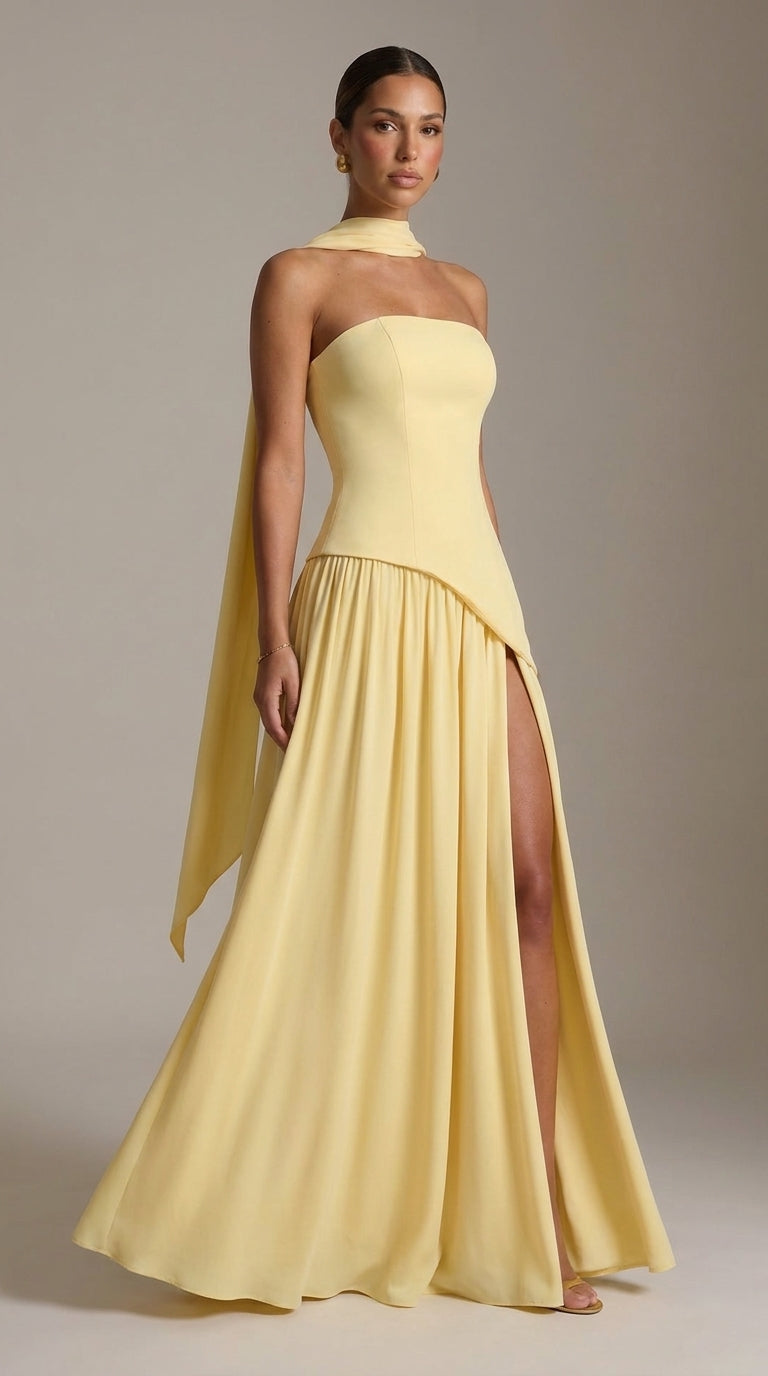 Ada | Vestido Largo Plisado con Hombros Descubiertos