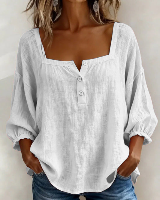 Olivia | Square Neck Linen-Cotton Blouse