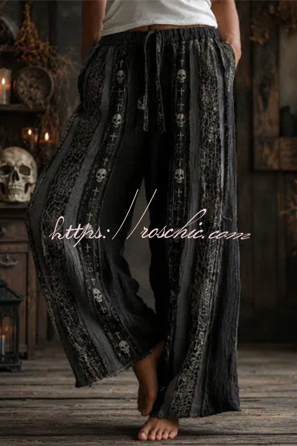 Halloween Dark-themed Printed Wide-Leg Pants