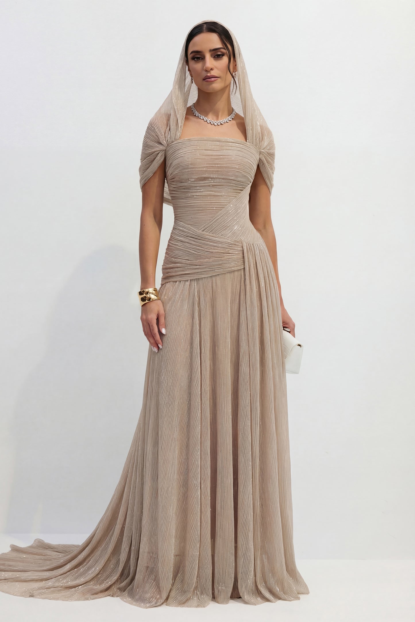 Vestido maxi caqui drapeado sin tirantes