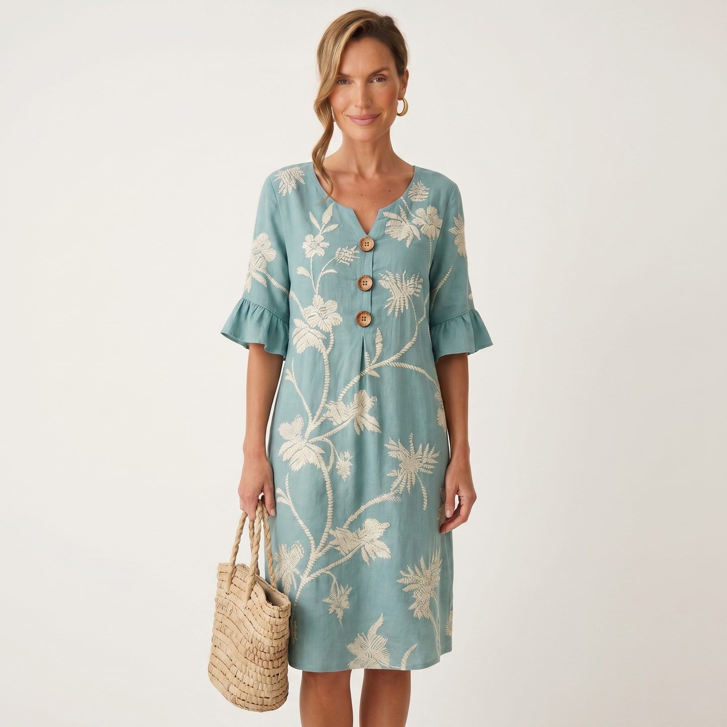 Cayetana | Vestido de Lino Sage con Motivos Botánicos