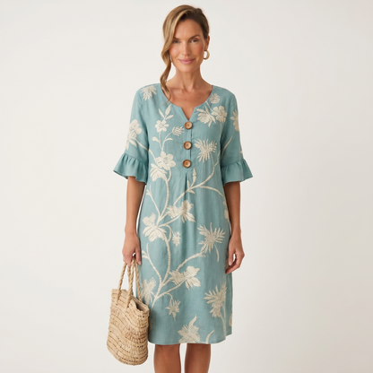 Cayetana | Vestido de Lino Sage con Motivos Botánicos