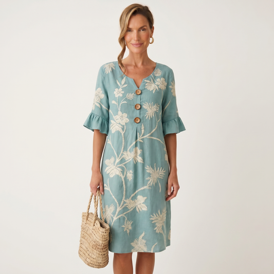Cayetana | Sage Linen Dress with Botanical Motifs
