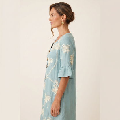 Cayetana | Vestido de Lino Sage con Motivos Botánicos