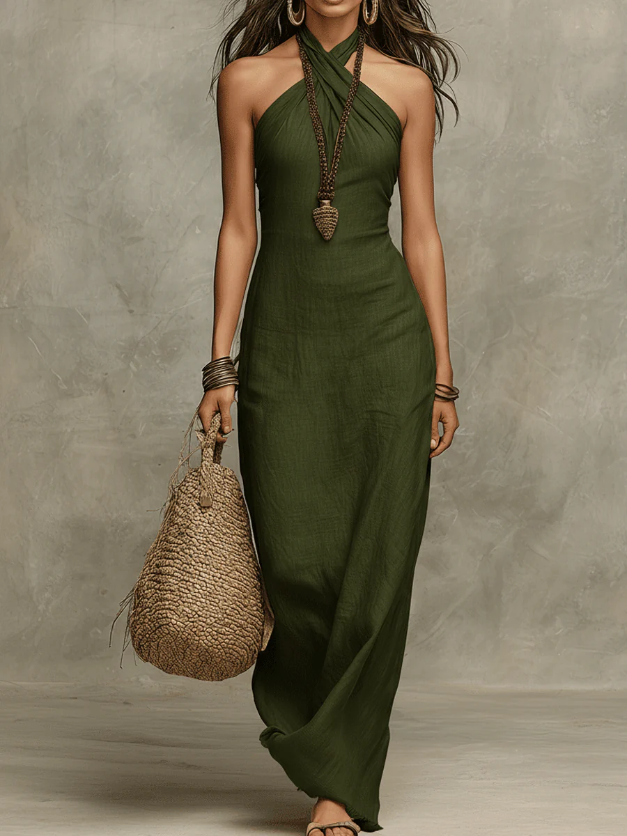 Héloïse | Vestido Largo de Lino con Cuello Halter Cruzado