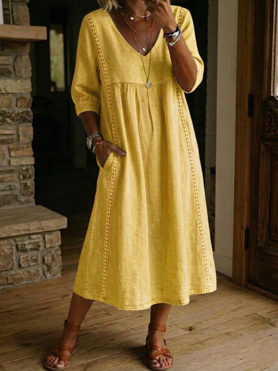 Martina | Vestido de Lino Lavado con Paneles de Encaje