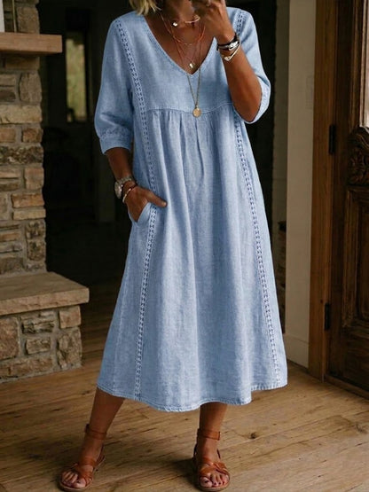 Martina | Vestido de Lino Lavado con Paneles de Encaje