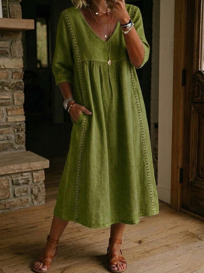 Martina | Vestido de Lino Lavado con Paneles de Encaje