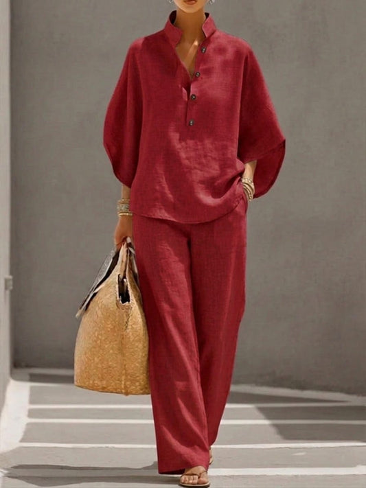 Amira | Linen and Cotton Set with Cape and Wide-Leg Pants